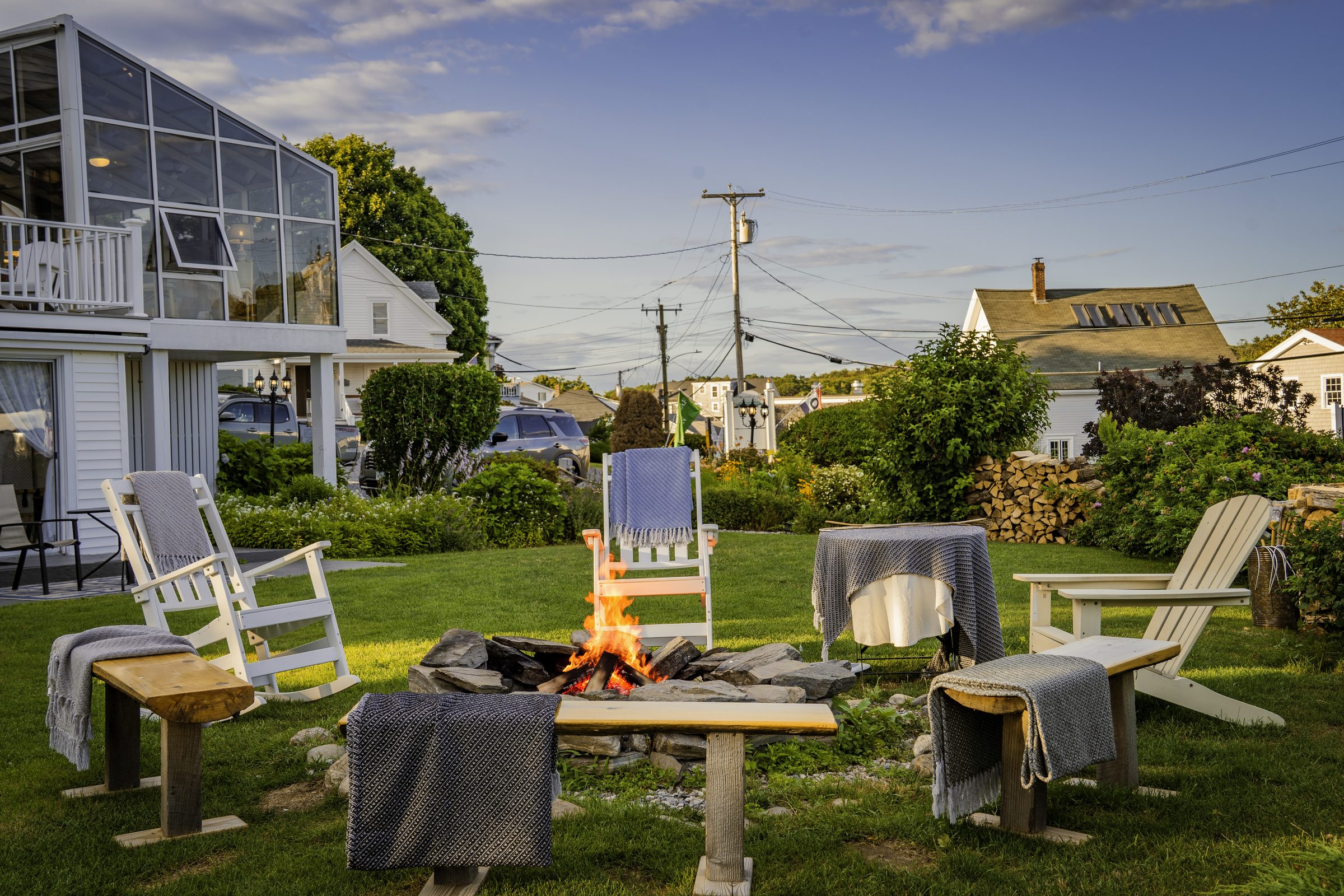 Fire pit on the lawn above the harbor
